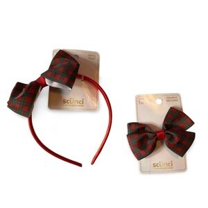 NWT Scunci Set of 2 Headband & Clip Plaid Red & Green BRAND NEW